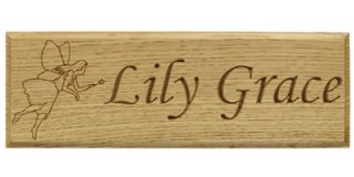 Kids Name Plates in Carved Oak with Motif